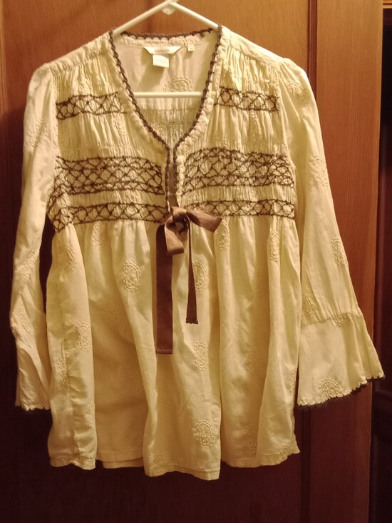 Sundance Tops - Sundance Cream Peasant Tunic with Brown Embroidered Yoke